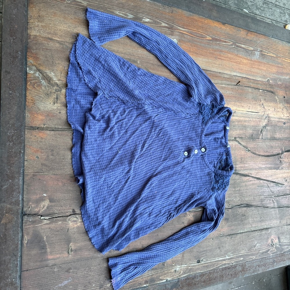 Free People FP ONE Colt Thermal Henley Top Blue Crochet Lace Waffle Knit FA16 M